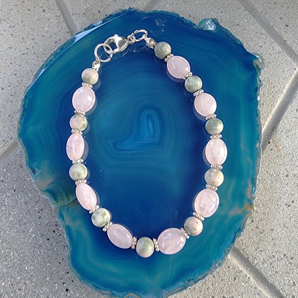 Sterling Silver Polished Rose Quartz Unakite Beaded Bracelet Vintage